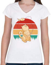 printfashion Horgász macska - Női V-nyakú póló - Fehér (7562085)