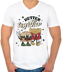 printfashion Retro páros - hamburger és sültburgonya - Férfi V-nyakú póló - Fehér (11705583)