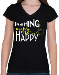 printfashion Fishing makes me happy - Női V-nyakú póló - Fekete (2457714)