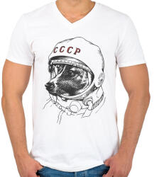 printfashion Lajka a ez első kutya az űrben - Férfi V-nyakú póló - Fehér (4134450)