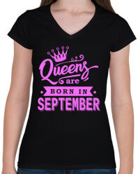 printfashion A királynők szeptemberben születnek - Női V-nyakú póló - Fekete (334086)