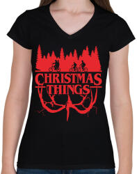 printfashion Stranger things christmas things piros - Női V-nyakú póló - Fekete (5644487)