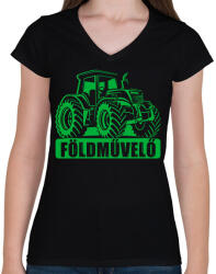 printfashion Földművelő - Női V-nyakú póló - Fekete (6044421)