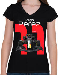 printfashion Sergio Perez 11 autóversenyző - fehér felirat - Női V-nyakú póló - Fekete (16040061)