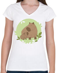 printfashion Capybara és kicsinye - Női V-nyakú póló - Fehér (13887333)