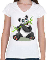 printfashion Panda - Női V-nyakú póló - Fehér (12057102)