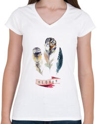 printfashion Watercolor Painted Feathers - Női V-nyakú póló - Fehér (1258418)