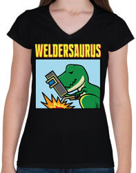 printfashion Weldersaurus - Női V-nyakú póló - Fekete (13728993)