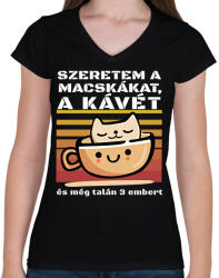 printfashion Szeretem a macskákat a kávét és még talán 3 embert - Női V-nyakú póló - Fekete (16322637)