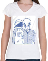 printfashion Űrlény és Űrhajós - Női V-nyakú póló - Fehér (6253595)