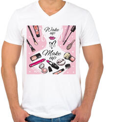 printfashion Wake up & Make up - Férfi V-nyakú póló - Fehér (6550327)