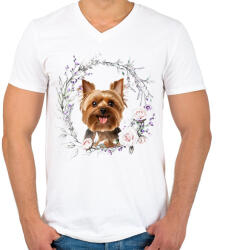 printfashion yorkie virágokkal - Férfi V-nyakú póló - Fehér (15107648)