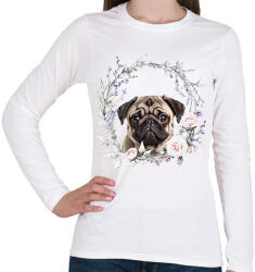 printfashion mopsz virágokkal - Női hosszú ujjú póló - Fehér (15107823)