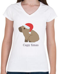 printfashion capybara család - mikulás - Női V-nyakú póló - Fehér (14887564)