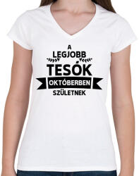 printfashion A legjobb tesók októberben születnek - Női V-nyakú póló - Fehér (14586484)
