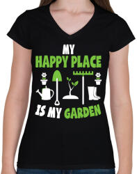 printfashion Happy place - Női V-nyakú póló - Fekete (2511194)