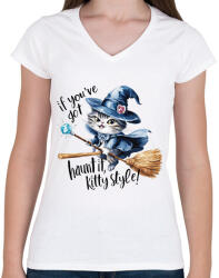 printfashion Hallowen kitty style - Női V-nyakú póló - Fehér (16589434)