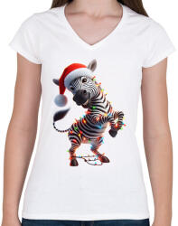 printfashion Táncoló karácsonyi party zebra - Női V-nyakú póló - Fehér (15262897)