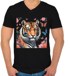 printfashion tigris pillangókkal és virágokkal - Férfi V-nyakú póló - Fekete (15642454)