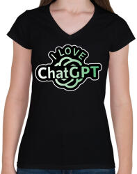 printfashion I love ChatGPT - Női V-nyakú póló - Fekete (14579455)