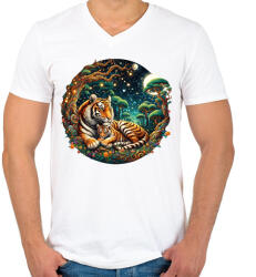 printfashion Tigrismama a kölykével - Férfi V-nyakú póló - Fehér (16030832)
