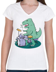 printfashion Dobos dínó - Női V-nyakú póló - Fehér (7647899)