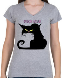 printfashion Black cat - Női V-nyakú póló - Sport szürke (377179)
