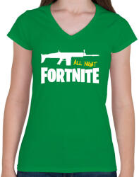 printfashion All night FORTNITE - Női V-nyakú póló - Zöld (935403)