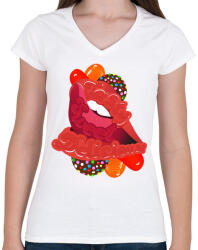 printfashion Édes ajkak - Női V-nyakú póló - Fehér (293054)