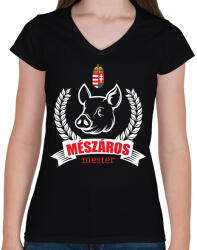 printfashion Mészáros mester - Női V-nyakú póló - Fekete (15813154)