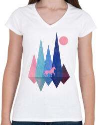printfashion Ló és hegyek - Női V-nyakú póló - Fehér (5237244)