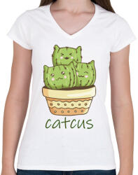printfashion Cica - kaktusz - Catcus - Női V-nyakú póló - Fehér (4351700)