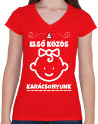 printfashion Első közös karácsonyunk 2 - Női V-nyakú póló - Piros (10416045)