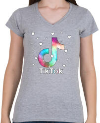 printfashion Tiktok fehér szivecskékkel - Női V-nyakú póló - Sport szürke (4595989)