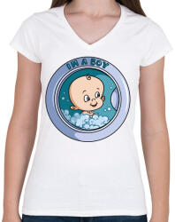 printfashion Kisfiú a mosógépben - Női V-nyakú póló - Fehér (446860)