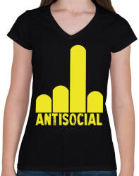 printfashion Antisocial finger - Női V-nyakú póló - Fekete (7029965)