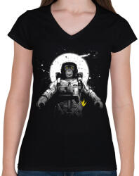 printfashion Majom az űrben - Női V-nyakú póló - Fekete (107170)