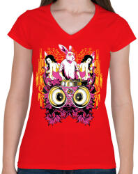 printfashion DJ Nyúl - Női V-nyakú póló - Piros (173419)