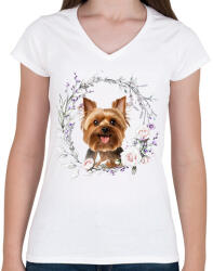 printfashion yorkie virágokkal - Női V-nyakú póló - Fehér (15107801)