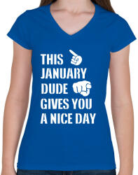 printfashion Ez a januári csávó szép napot kíván neked - Női V-nyakú póló - Királykék (1365774)