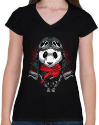 printfashion Motoros panda - Női V-nyakú póló - Fekete (62728)