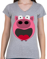 printfashion Pig - Női V-nyakú póló - Sport szürke (371257)