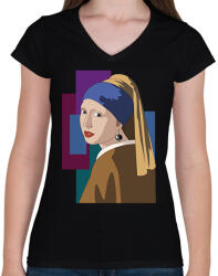 printfashion Jan Vermeer - Leány gyöngy fülbevalóval - Női V-nyakú póló - Fekete (6731288)
