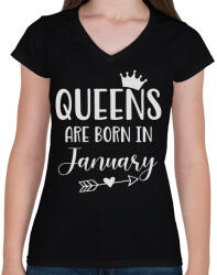printfashion QUEENS are born in January - Női V-nyakú póló - Fekete (5498055)