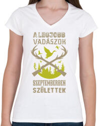 printfashion A legjobb vadászok szeptemberben születtek - Női V-nyakú póló - Fehér (16332824)