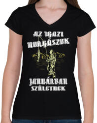 printfashion Januári horgász - Női V-nyakú póló - Fekete (4765009)