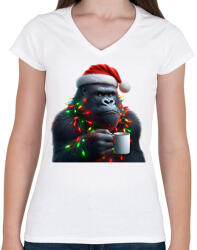 printfashion Kávézó / teázó karácsonyi party gorilla - Női V-nyakú póló - Fehér (15251033)