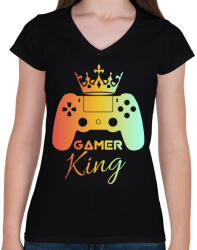 printfashion Gamer king - Női V-nyakú póló - Fekete (3929665)