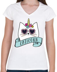 printfashion Caticorn - Női V-nyakú póló - Fehér (13762066)