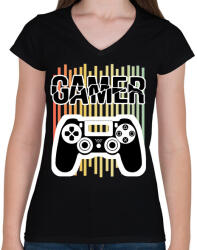 printfashion Gamer - Női V-nyakú póló - Fekete (7037845)